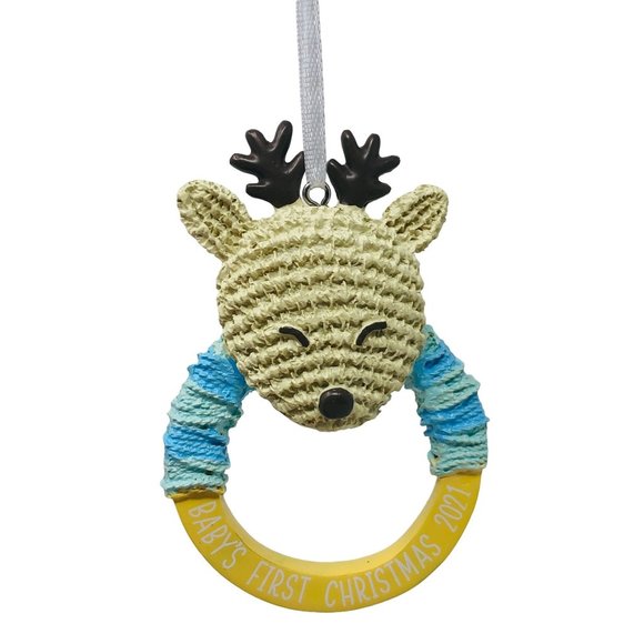 Hallmark 2021 Christmas Tree Ornament Baby Boy First Christmas Deer Rattle - Picture 1 of 2